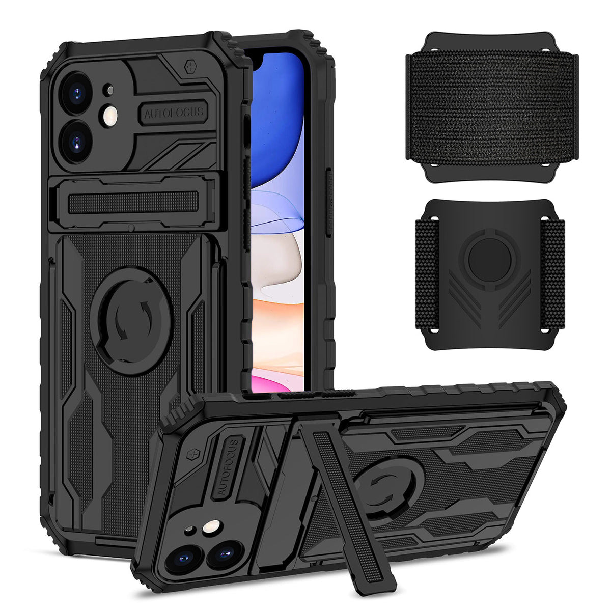 iPhone 11 Compatible High Elastic Plastic iPhone 11 Case with Kickstand, Sports Mobile Wristband and Card Slot In Black - Durable Protection by