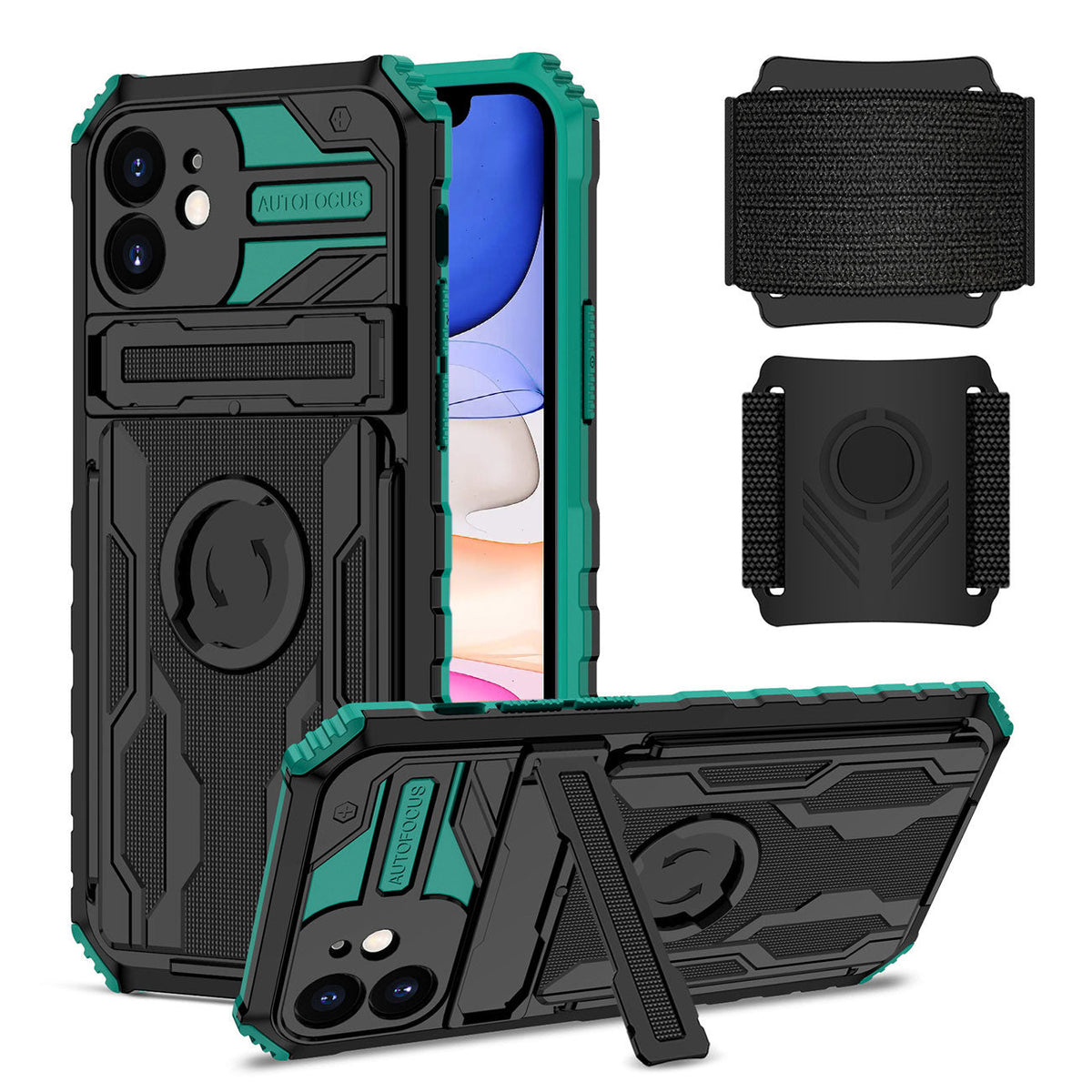 iPhone 11 Compatible High Elastic Plastic iPhone 11 Case with Kickstand, Sports Mobile Wristband and Card Slot In Green - Heavy Duty Protection by
