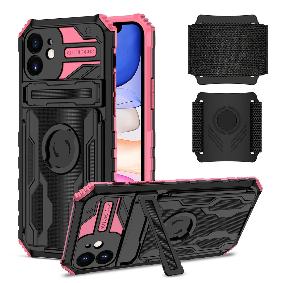 iPhone 11 Compatible High Elastic Plastic iPhone 11 Case with Kickstand, Sports Mobile Wristband and Card Slot In Pink - Ultra-Slim Protection by