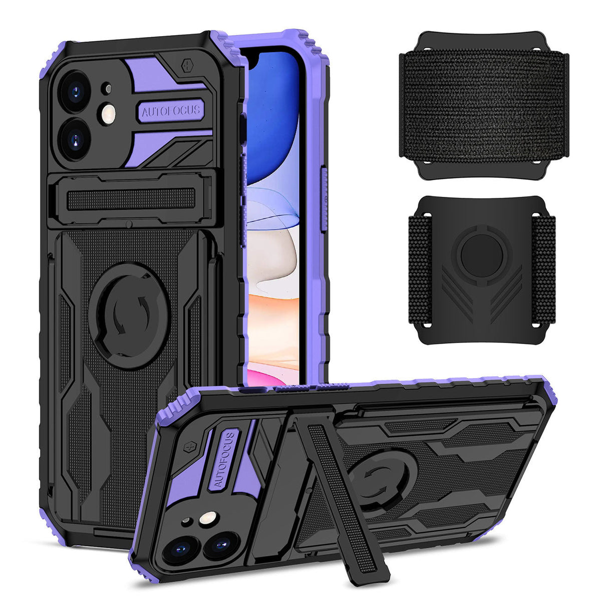 iPhone 11 Compatible High Elastic Plastic iPhone 11 Case with Kickstand, Sports Mobile Wristband and Card Slot In Purple - Heavy Duty Protection by