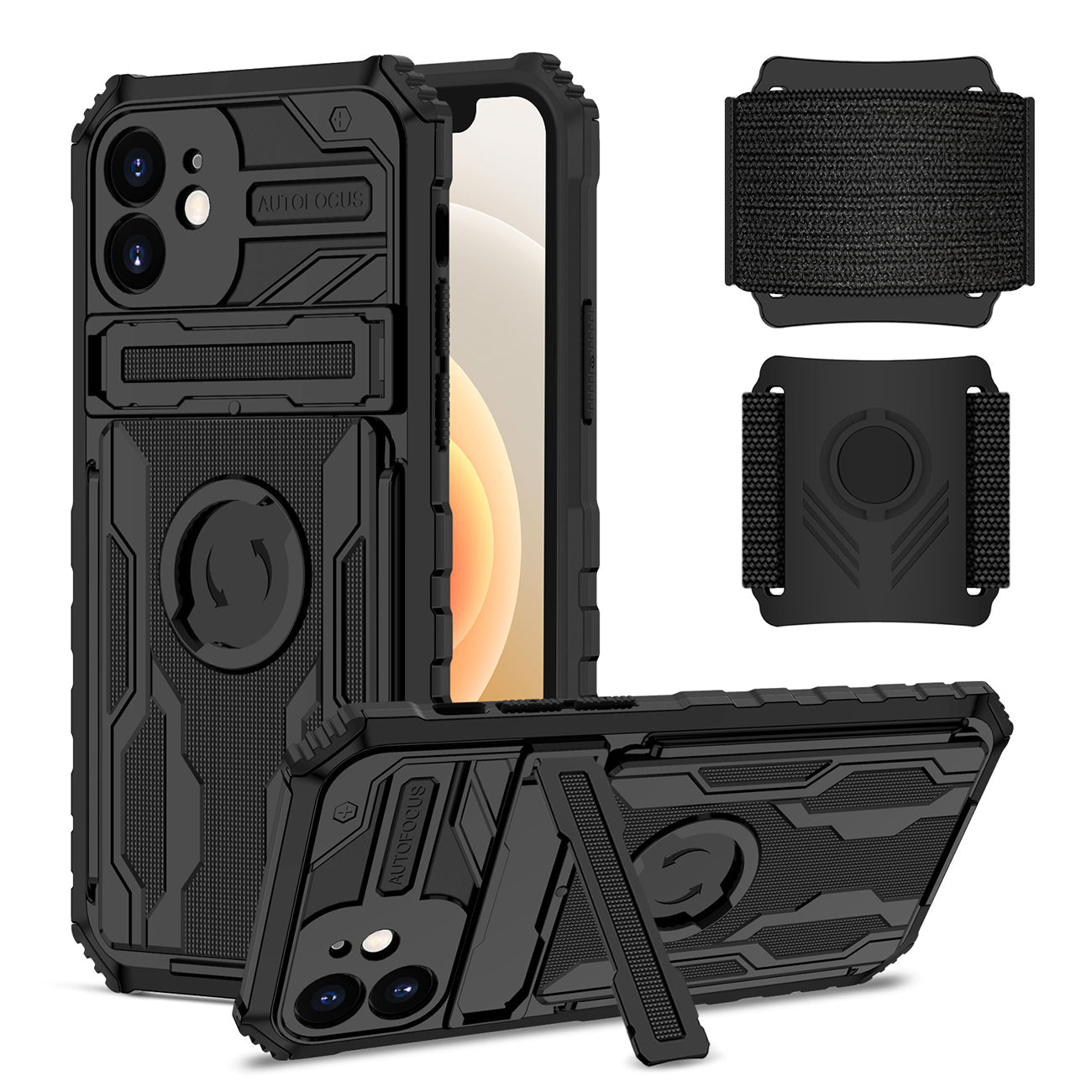 iPhone 12 Compatible High Elastic Plastic iPhone 12 Case with Kickstand, Sports Mobile Wristband and Card Slot In Black - Heavy Duty Protection by