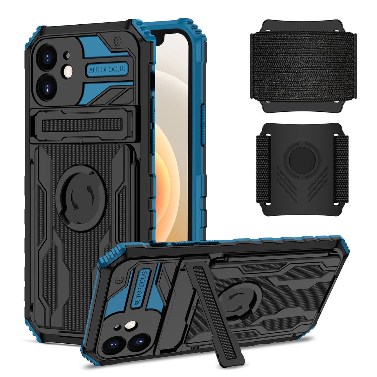 iPhone 12 Compatible High Elastic Plastic iPhone 12 Case with Kickstand, Sports Mobile Wristband and Card Slot In Blue - Premium Protection by