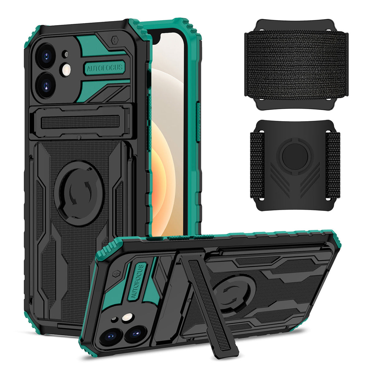iPhone 12 Compatible High Elastic Plastic iPhone 12 Case with Kickstand, Sports Mobile Wristband and Card Slot In Green - Heavy Duty Protection by