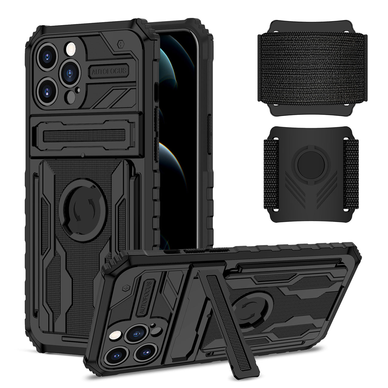 iPhone 12 Max Compatible High Elastic Plastic iPhone 12 Max Case with Kickstand, Sports Mobile Wristband and Card Slot In Black - Durable Protection by