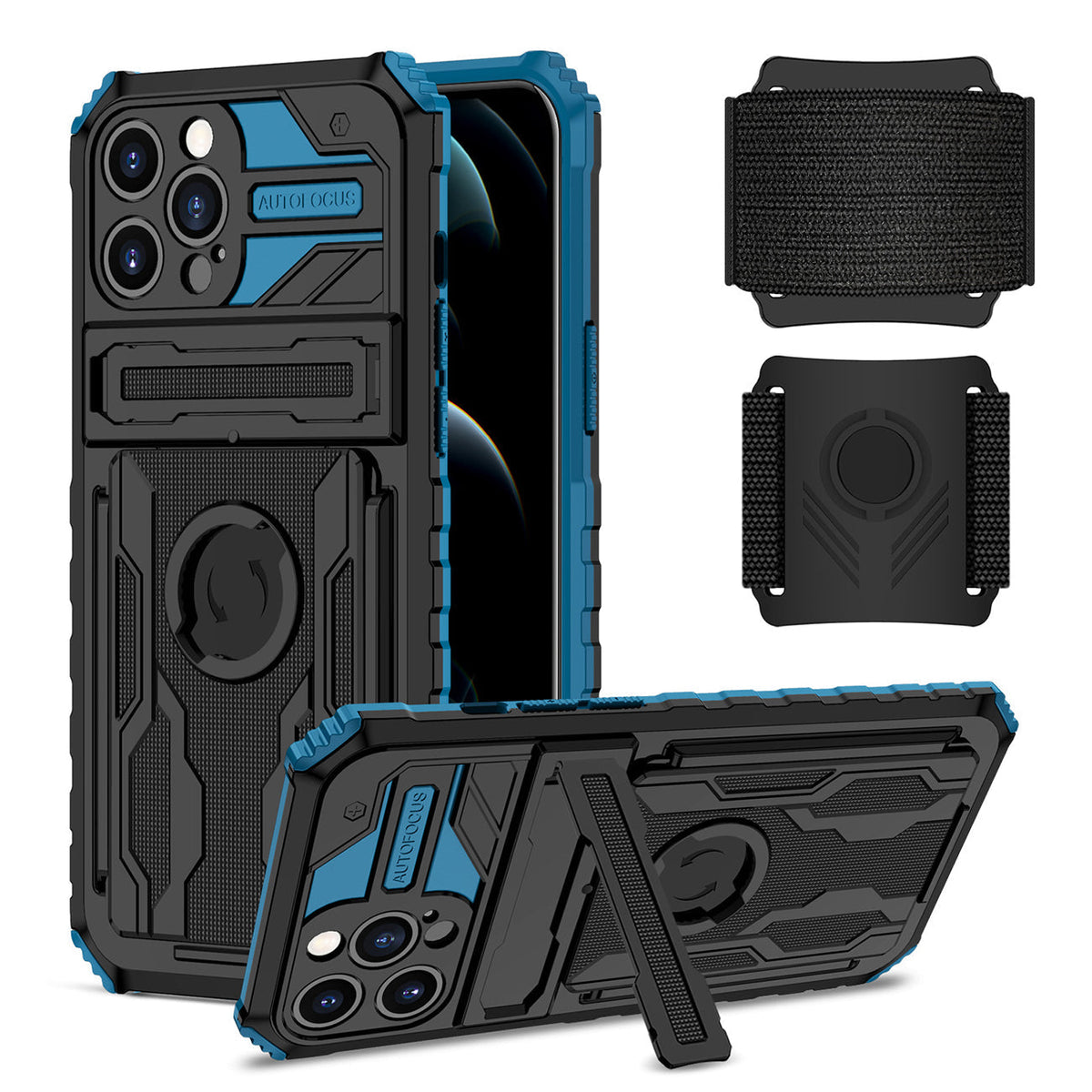 iPhone 12 Max Compatible High Elastic Plastic iPhone 12 Max Case with Kickstand, Sports Mobile Wristband and Card Slot In Blue - Premium Protection by