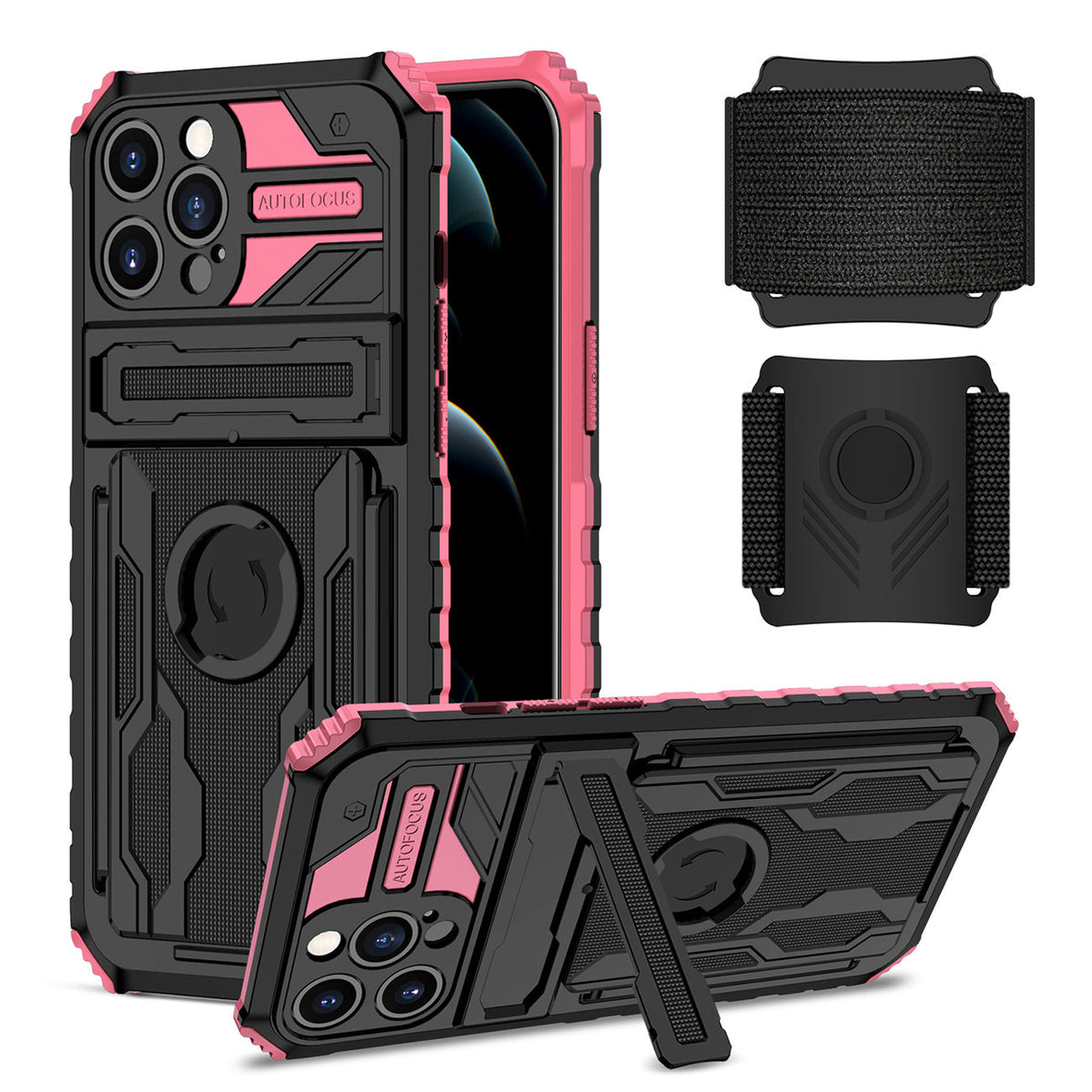 iPhone 12 Max Compatible High Elastic Plastic iPhone 12 Max Case with Kickstand, Sports Mobile Wristband and Card Slot In Pink - Heavy Duty Protection by