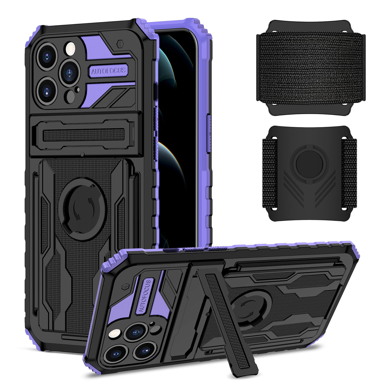 iPhone 12 Max Compatible High Elastic Plastic iPhone 12 Max Case with Kickstand, Sports Mobile Wristband and Card Slot In Purple - Ultra-Slim Protection by