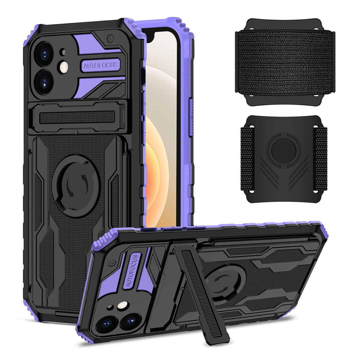 iPhone 12 Compatible High Elastic Plastic iPhone 12 Case with Kickstand, Sports Mobile Wristband and Card Slot In Purple - Ultra-Slim Protection by