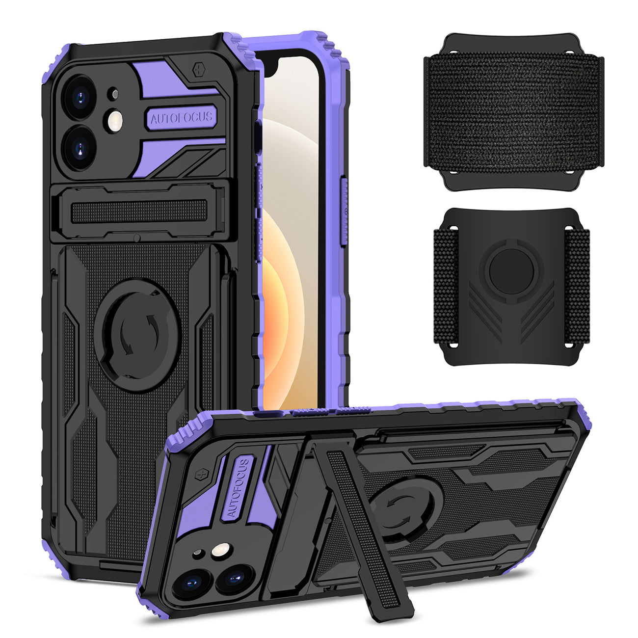 iPhone 12 Compatible High Elastic Plastic iPhone 12 Case with Kickstand, Sports Mobile Wristband and Card Slot In Purple - Ultra-Slim Protection by