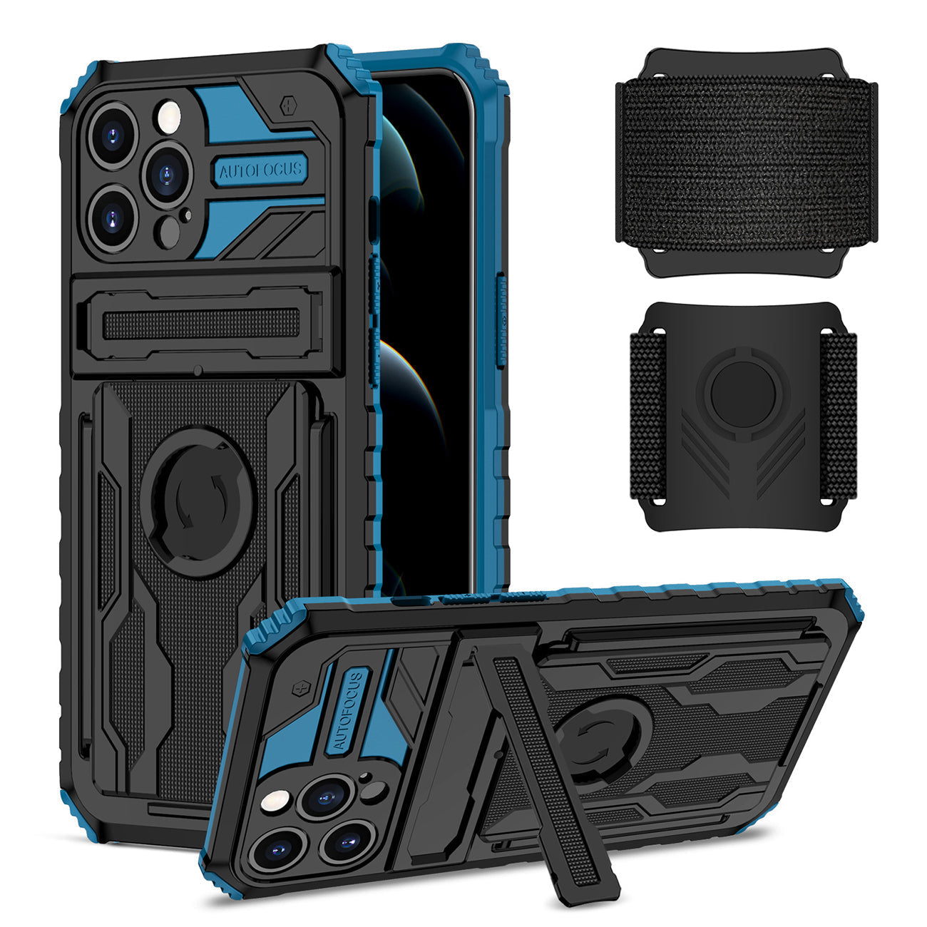 iPhone 12 Pro Compatible High Elastic Plastic iPhone 12 Pro Case with Kickstand, Sports Mobile Wristband and Card Slot In Blue - Heavy Duty Protection by