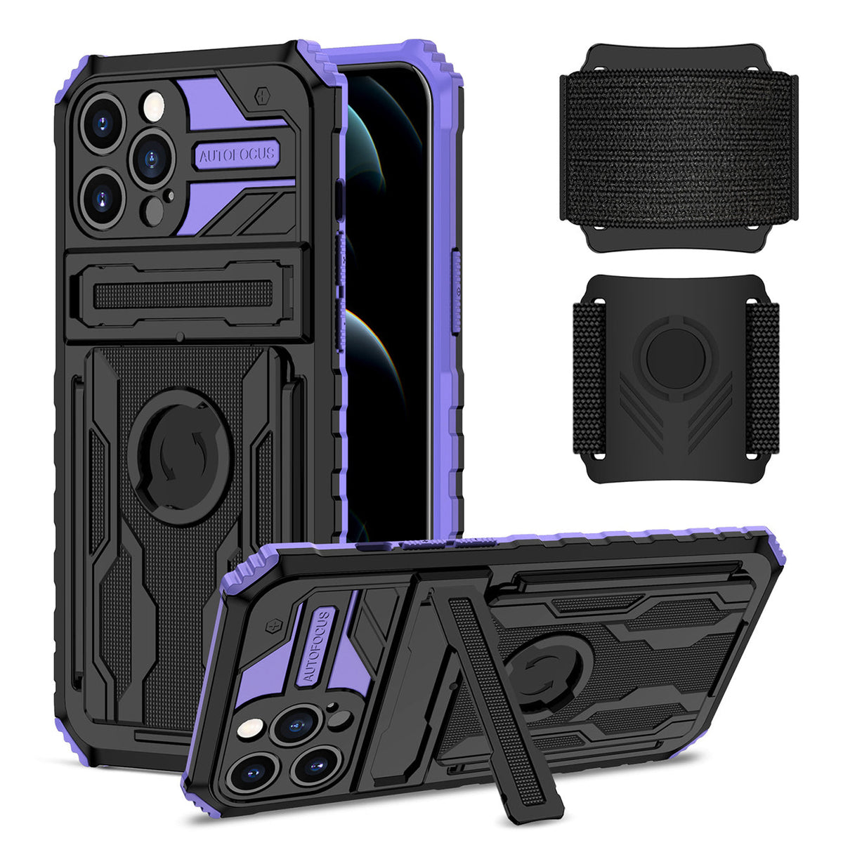 iPhone 12 Pro Compatible High Elastic Plastic iPhone 12 Pro Case with Kickstand, Sports Mobile Wristband and Card Slot In Purple - Durable Protection by