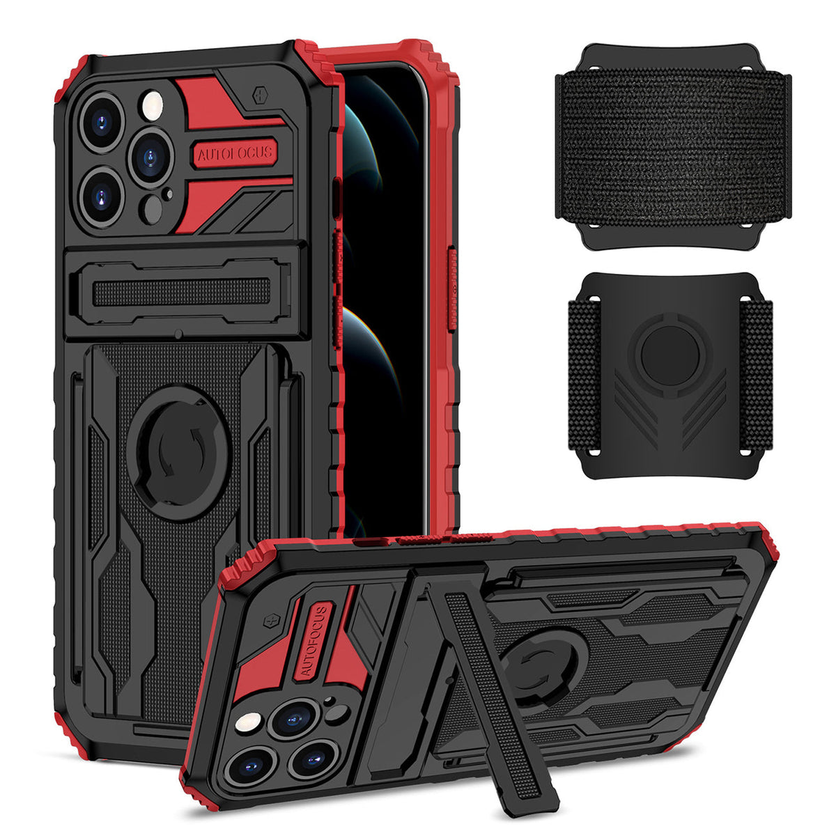 iPhone 12 Pro Compatible High Elastic Plastic iPhone 12 Pro Case with Kickstand, Sports Mobile Wristband and Card Slot In Red - Premium Protection by