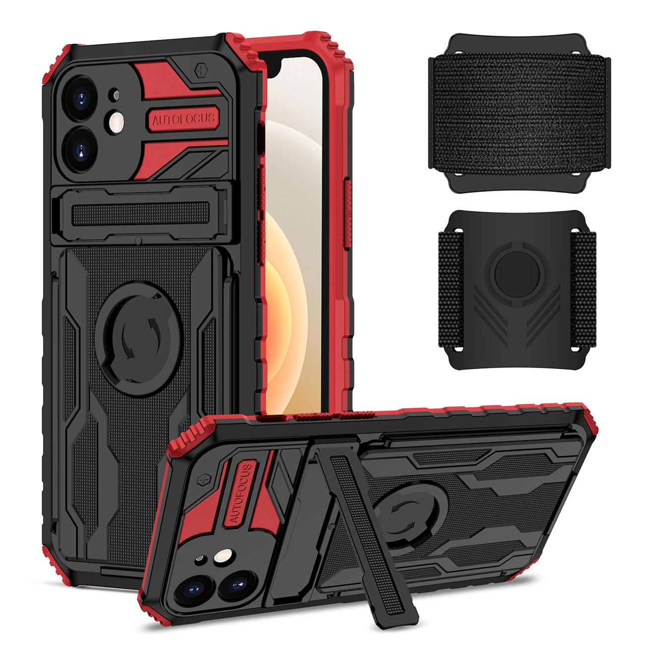 iPhone 12 Compatible High Elastic Plastic iPhone 12 Case with Kickstand, Sports Mobile Wristband and Card Slot In Red - Crystal Clear Protection by