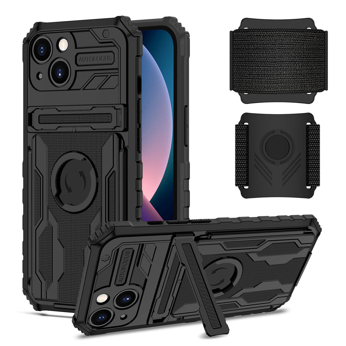 iPhone 13 Compatible High Elastic Plastic iPhone 13 Case with Kickstand, Sports Mobile Wristband and Card Slot In Black - Durable Protection by