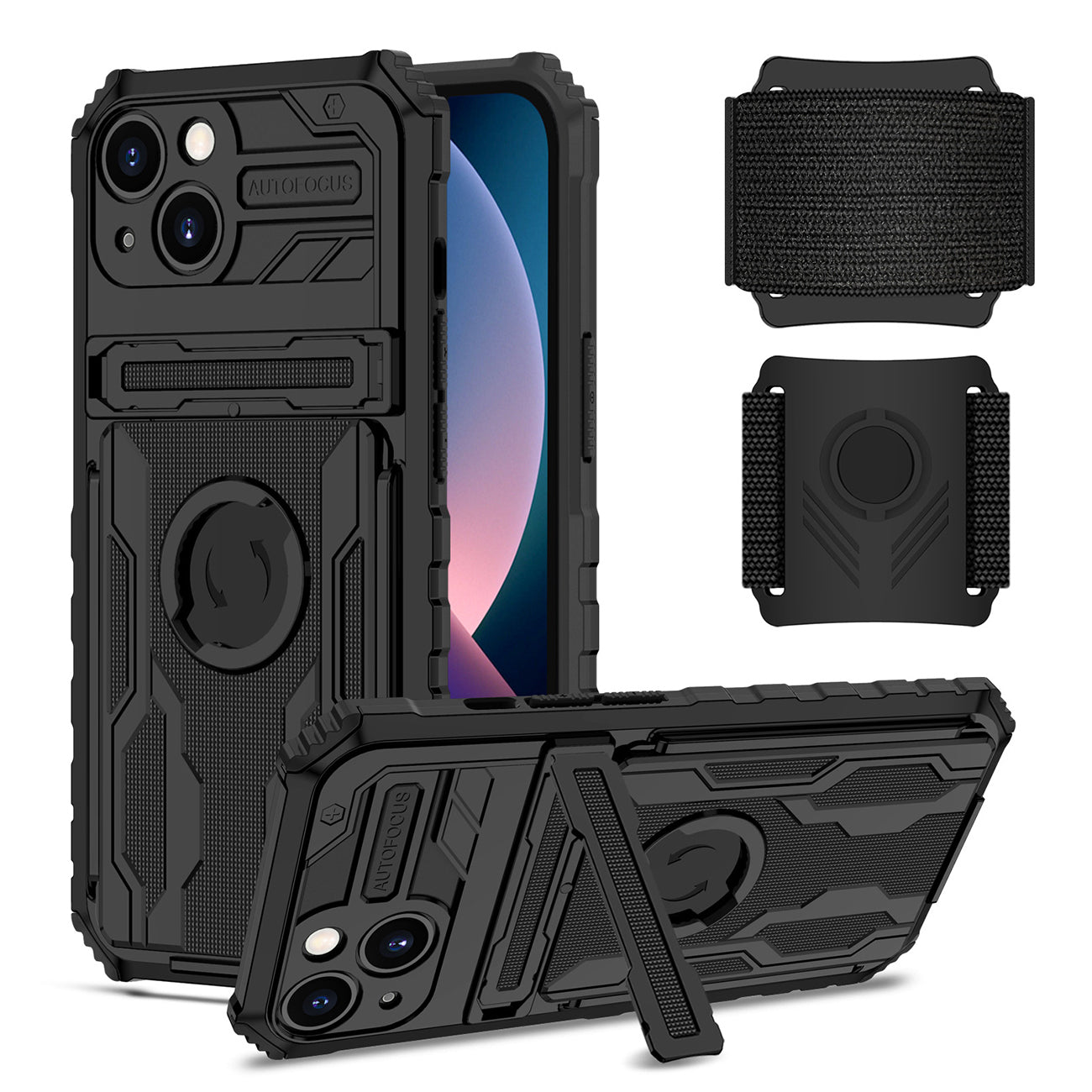 iPhone 13 Compatible High Elastic Plastic iPhone 13 Case with Kickstand, Sports Mobile Wristband and Card Slot In Black - Durable Protection by