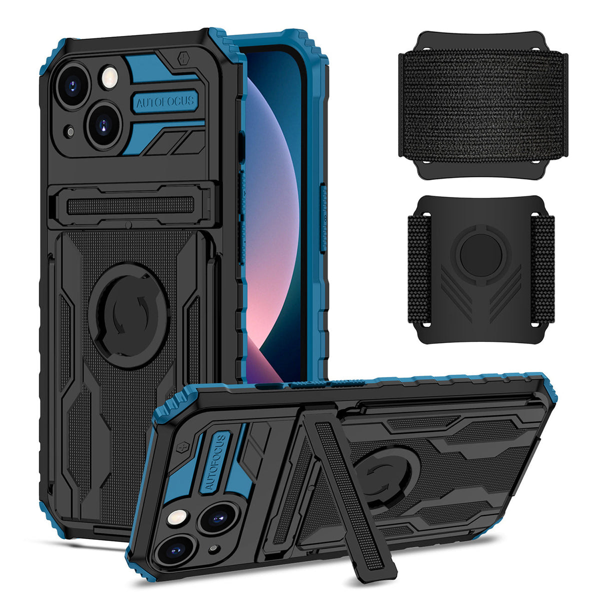 iPhone 13 Compatible High Elastic Plastic iPhone 13 Case with Kickstand, Sports Mobile Wristband and Card Slot In Blue - Heavy Duty Protection by