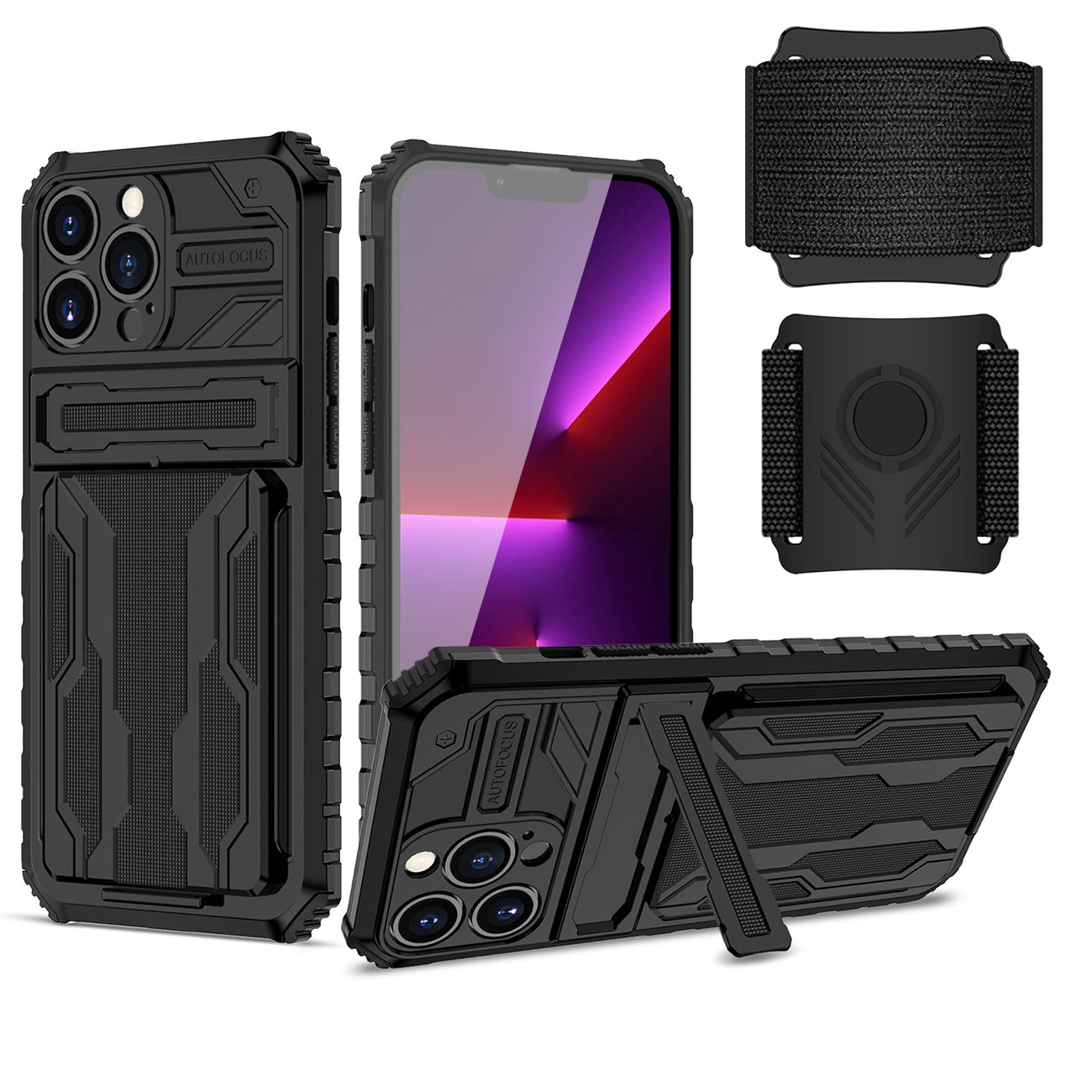 iPhone 13 Pro Compatible High Elastic Plastic iPhone 13 Pro Case with Kickstand, Sports Mobile Wristband and Card Slot In Black - Premium Protection by