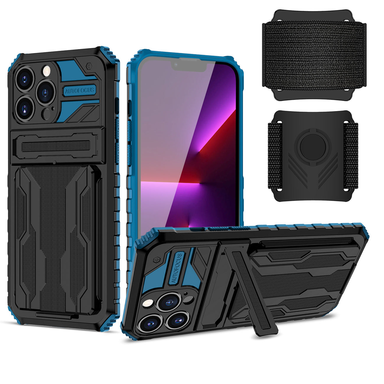 iPhone 13 Pro Compatible High Elastic Plastic iPhone 13 Pro Case with Kickstand, Sports Mobile Wristband and Card Slot In Blue - Shockproof Protection by