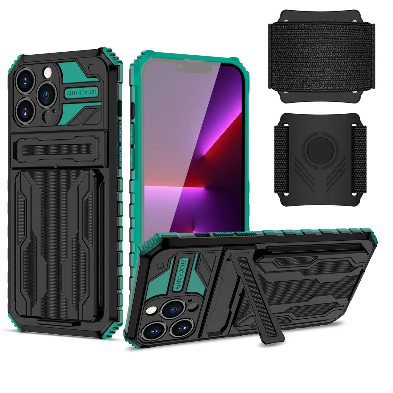 iPhone 13 Pro Compatible High Elastic Plastic iPhone 13 Pro Case with Kickstand, Sports Mobile Wristband and Card Slot In Green - Premium Protection by