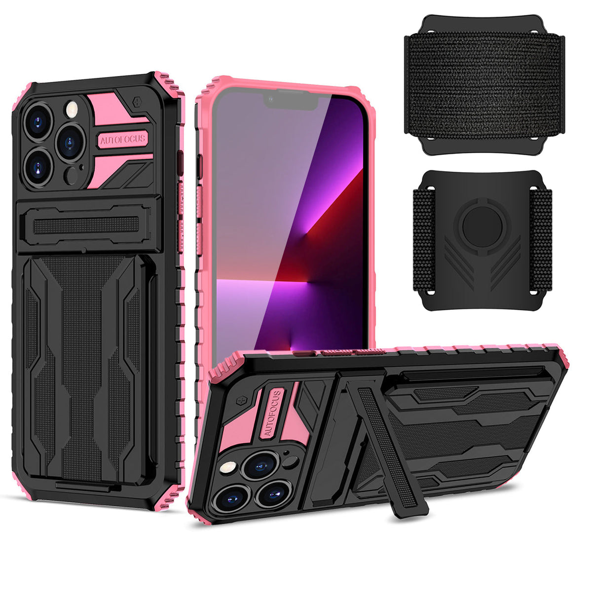 iPhone 13 Pro Compatible High Elastic Plastic iPhone 13 Pro Case with Kickstand, Sports Mobile Wristband and Card Slot In Pink - Premium Protection by