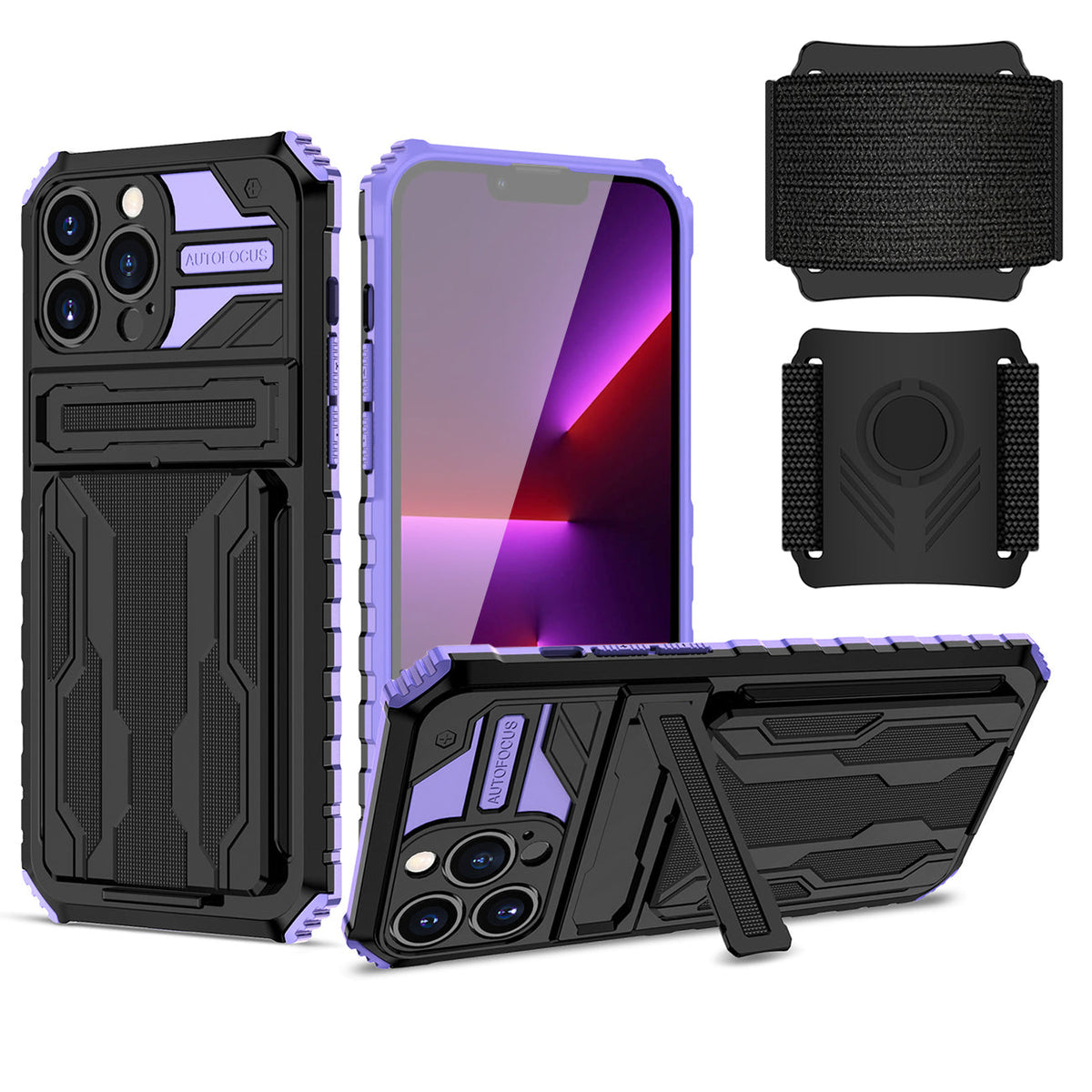 iPhone 13 Pro Compatible High Elastic Plastic iPhone 13 Pro Case with Kickstand, Sports Mobile Wristband and Card Slot In Purple - Durable Protection by