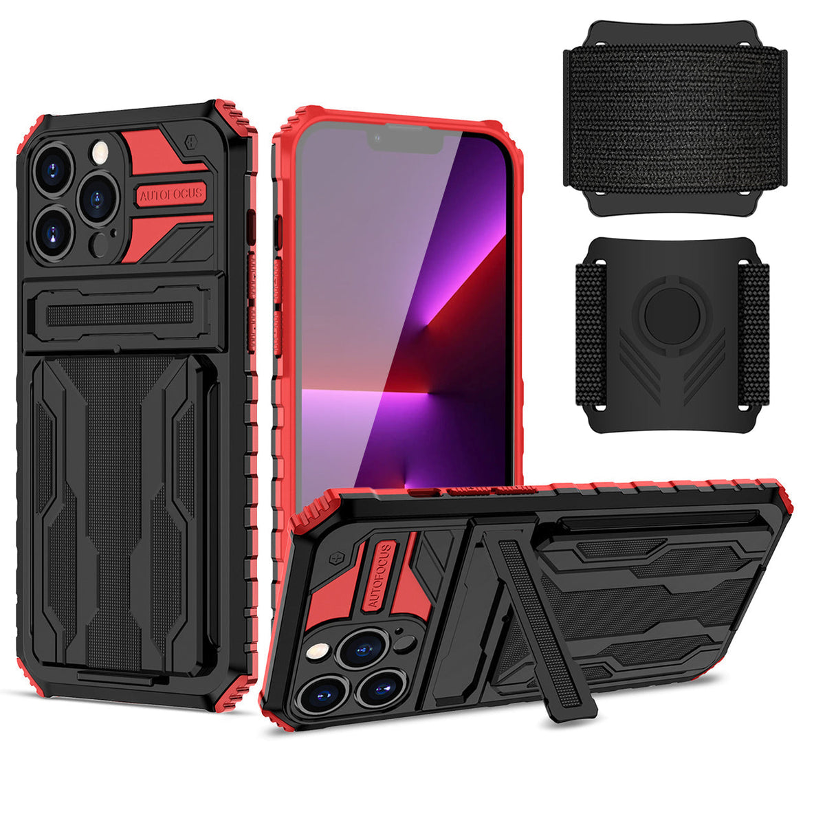 iPhone 13 Pro Compatible High Elastic Plastic iPhone 13 Pro Case with Kickstand, Sports Mobile Wristband and Card Slot In Red - Heavy Duty Protection by