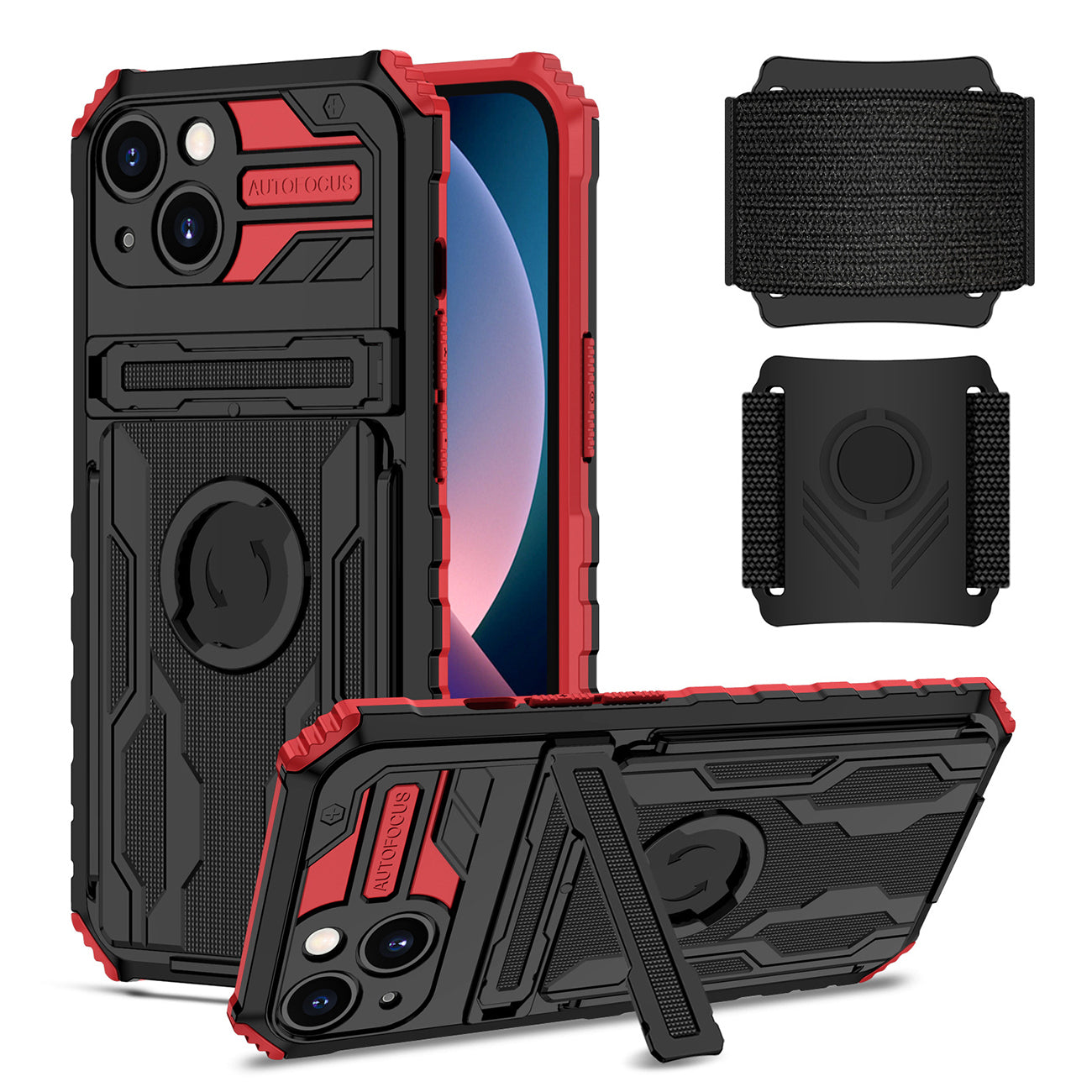iPhone 13 Compatible High Elastic Plastic iPhone 13 Case with Kickstand, Sports Mobile Wristband and Card Slot In Red - Crystal Clear Protection by