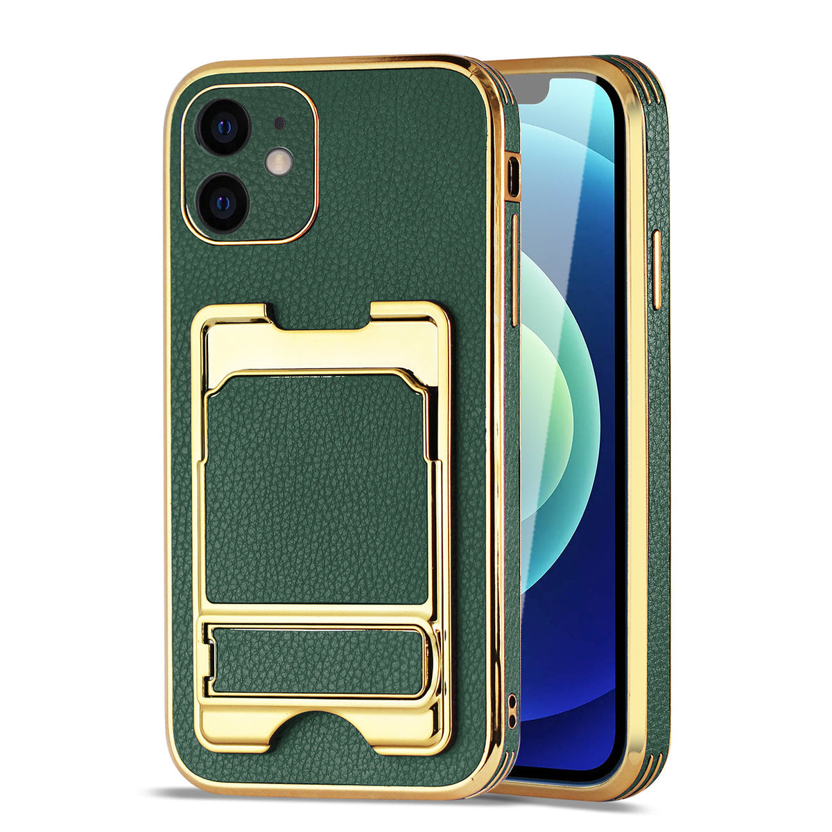 IPHONE 12 Leather Case with Card Holder In Green - Heavy Duty & Reliable