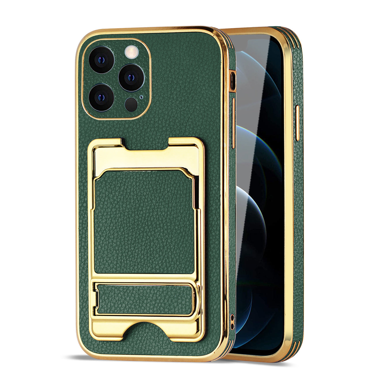 IPHONE 12 Max Leather Case with Card Holder In Green - Shockproof & Reliable