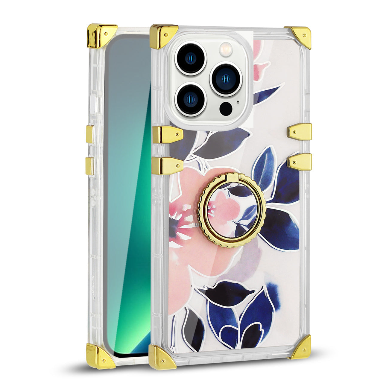 IPHONE 13 Floral Print Case with Ring Holder In Blue - Heavy Duty & Reliable