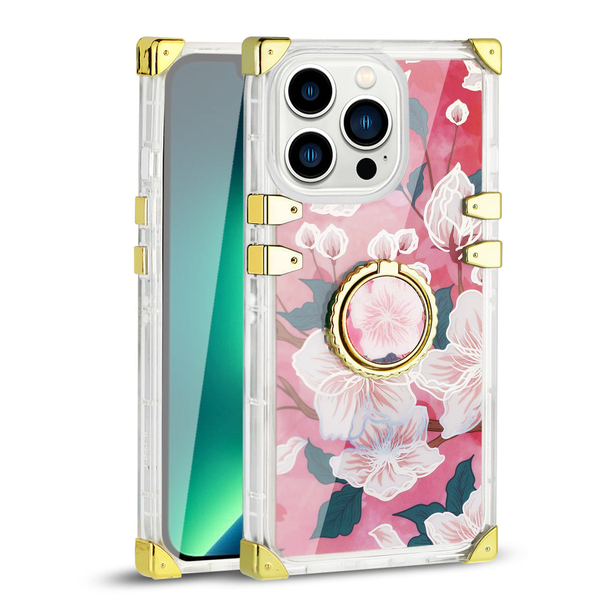 IPHONE 13 Floral Print Case with Ring Holder In Hot Pink - Ultra-Slim & Reliable