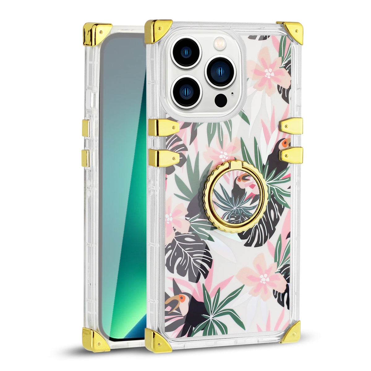 IPHONE 13 Floral Print Case with Ring Holder In Pink - Shockproof & Reliable