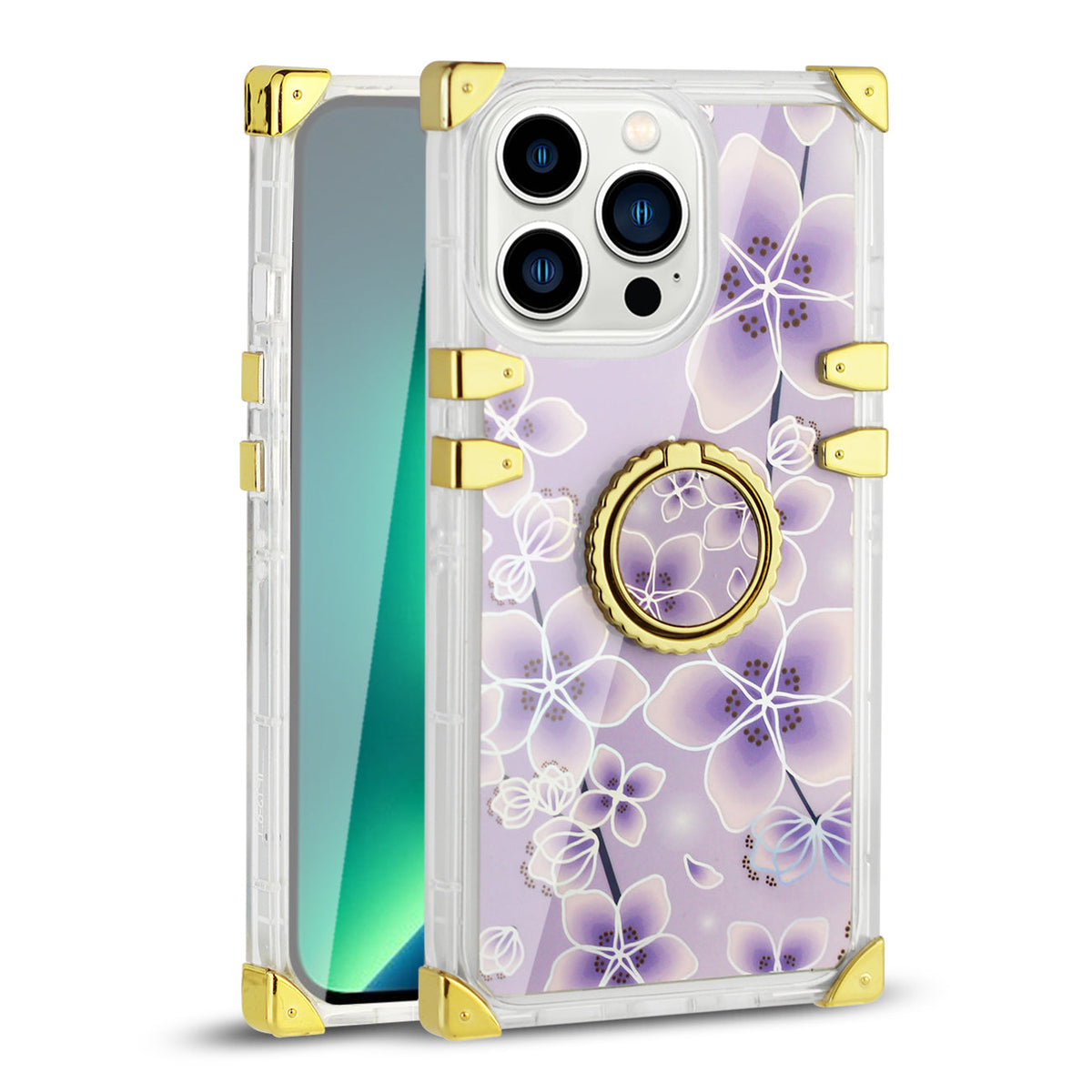 IPHONE 13 Pro Floral Print Case with Ring Holder In Purple - Heavy Duty & Reliable