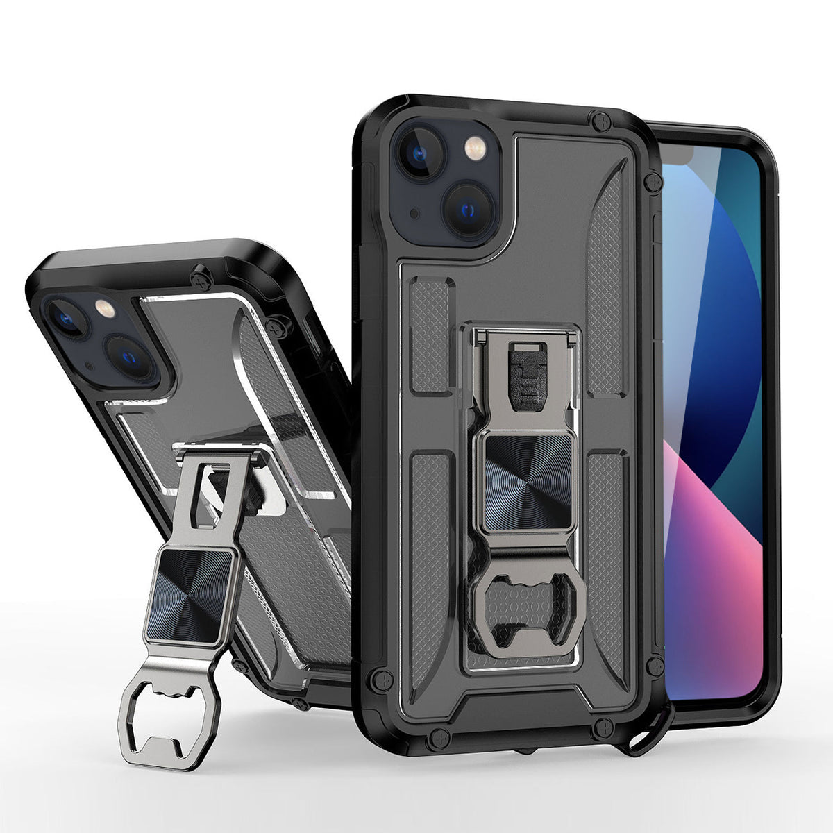 IPHONE 13 Compatible Kickstand Ring Holder/Bottle Opener Case with Magnetic Car Mount for APPLE IPHONE 13 In Black - Durable Protection by