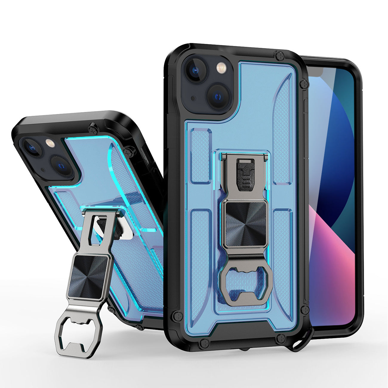 IPHONE 13 Compatible Kickstand Ring Holder/Bottle Opener with Magnetic Car Mount for APPLE IPHONE 13 In Blue - Crystal Clear Protection by
