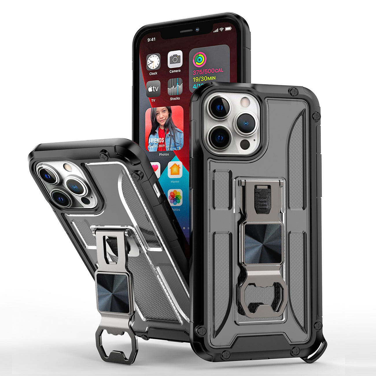 IPHONE 13 Pro Compatible Kickstand Ring Holder/Bottle Opener with Magnetic Car Mount for APPLE IPHONE 13 Pro In Black - Ultra-Slim Protection by
