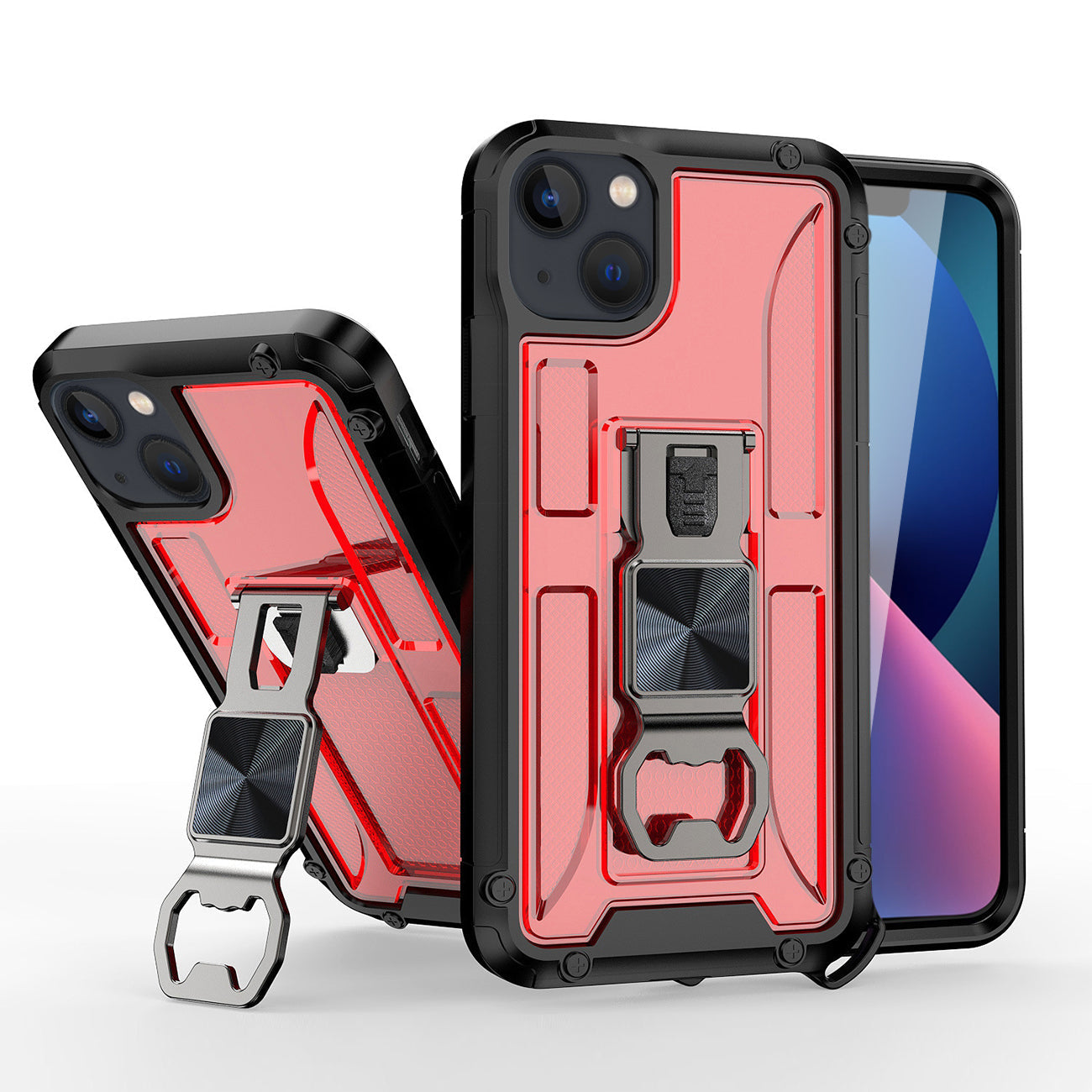IPHONE 13 Compatible Kickstand Ring Holder/Bottle Opener with Magnetic Car Mount for APPLE IPHONE 13 In Red - Shockproof Protection by