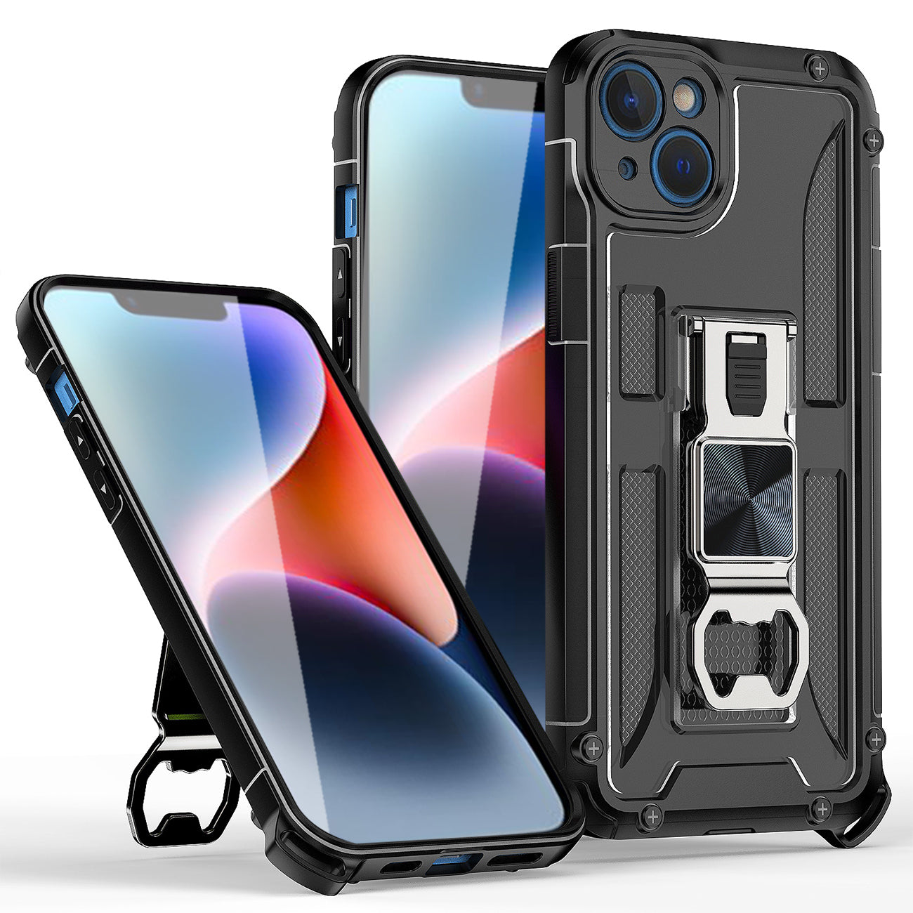 IPHONE 14 PLUS Compatible Kickstand Ring Holder/Bottle Opener with Magnetic Car Mount for IPHONE 14 PLUS In Black - Durable Protection by