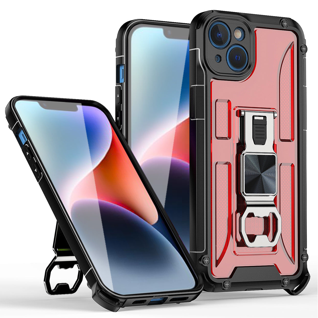 IPHONE 14 PLUS Compatible Kickstand Ring Holder/Bottle Opener with Magnetic Car Mount for IPHONE 14 PLUS In Red - Premium Protection by