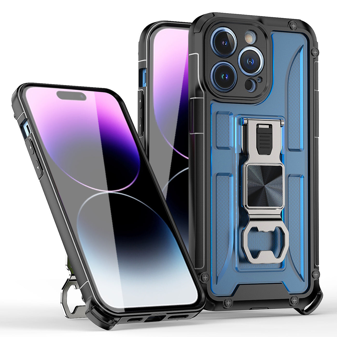 IPHONE 14 PRO Compatible Kickstand Ring Holder/Bottle Opener with Magnetic Car Mount for IPHONE 14 PRO MAX In Blue - Crystal Clear Protection by