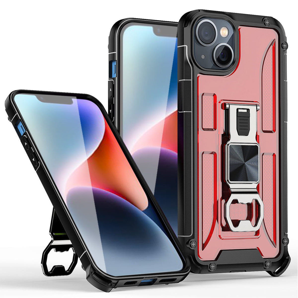 IPHONE 14 Compatible Kickstand Ring Holder/Bottle Opener with Magnetic Car Mount for IPHONE 14 In Red - Crystal Clear Protection by
