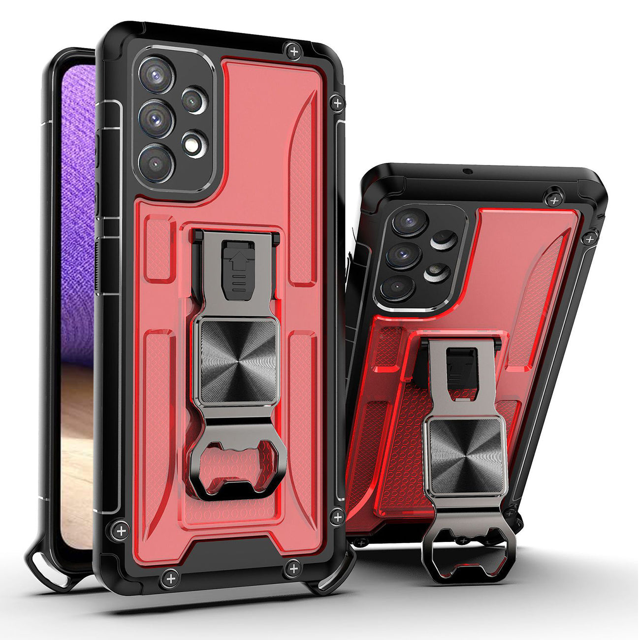 Kickstand Ring Holder/Bottle Opener with Magnetic Car Mount for Samsung Galaxy A32 In Red - Shockproof & Reliable
