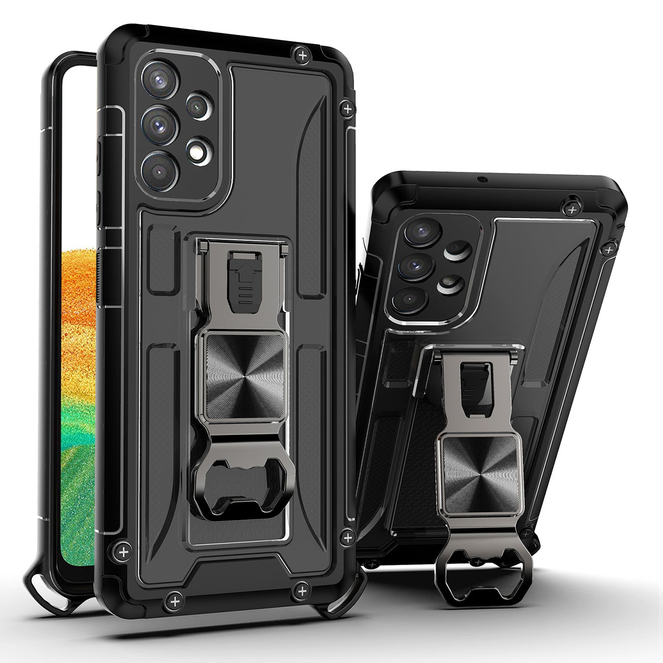 Kickstand Ring Holder/Bottle Opener with Magnetic Car Mount for Samsung Galaxy A33 5G In Black - Crystal Clear & Reliable