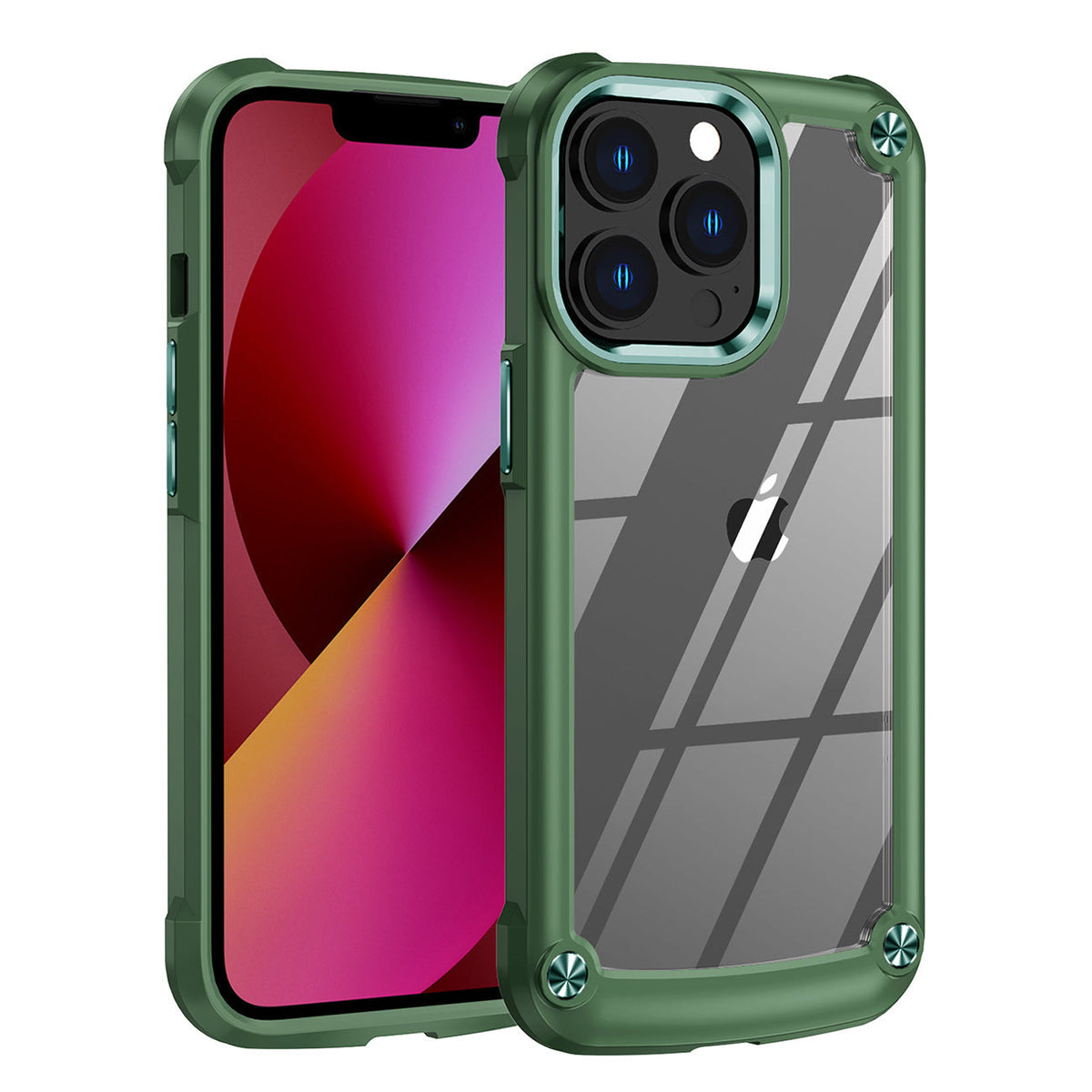 iPhone 13 PRO Compatible High Quality Clean PC,TPU and Metal Bumper Case For iPhone 13 PRO In Green - Shockproof Protection by