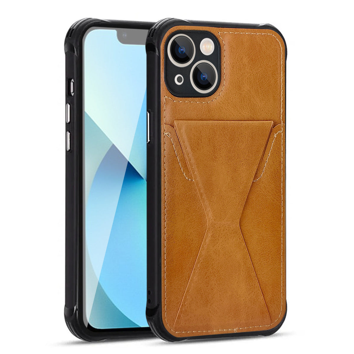 iPhone 13 Compatible TPU Leather Phone Case for Apple iPhone 13 with Card Holder Strap In Brown - Heavy Duty Protection by