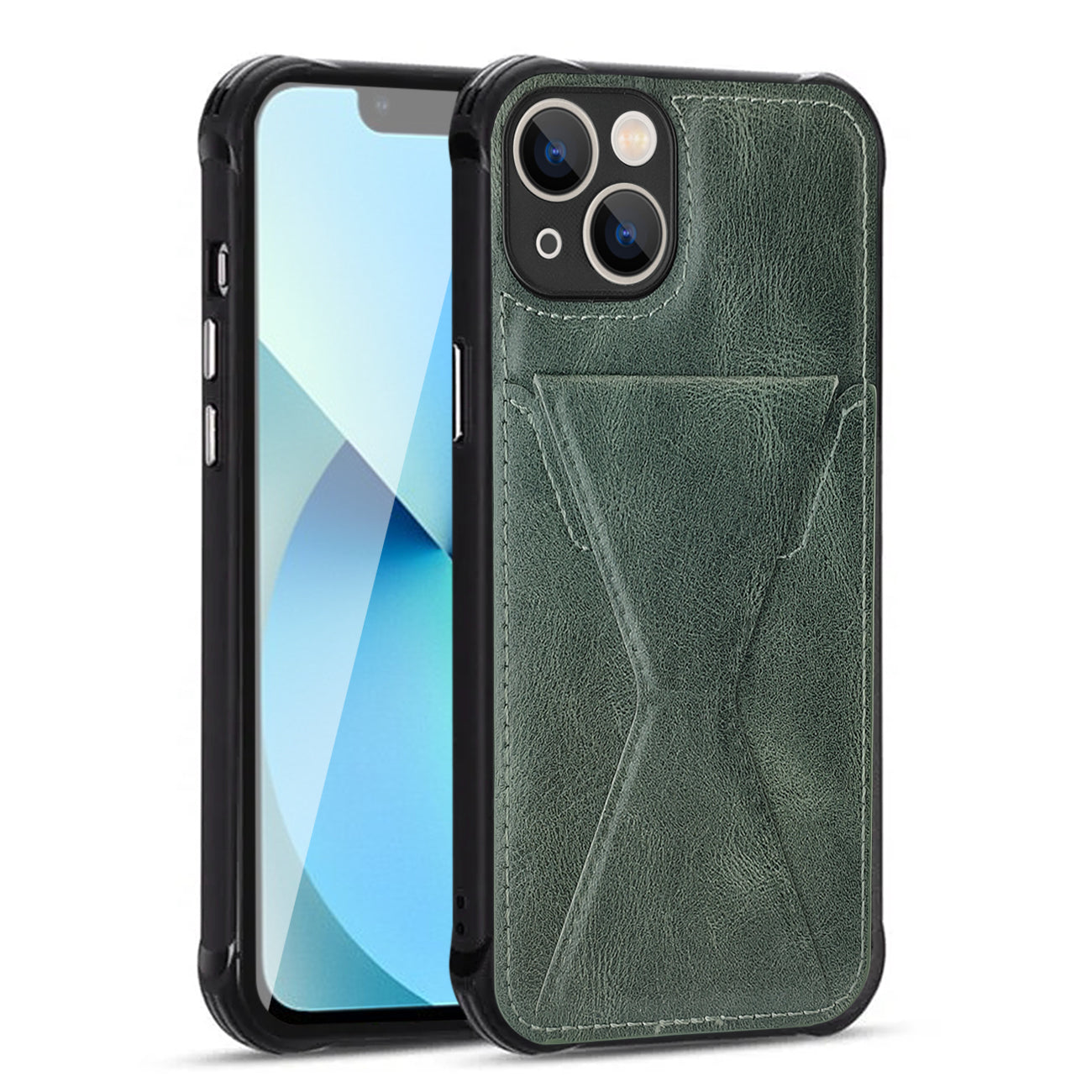 iPhone 13 Compatible TPU Leather Phone Case for Apple iPhone 13 with Card Holder Strap In Green - Heavy Duty Protection by