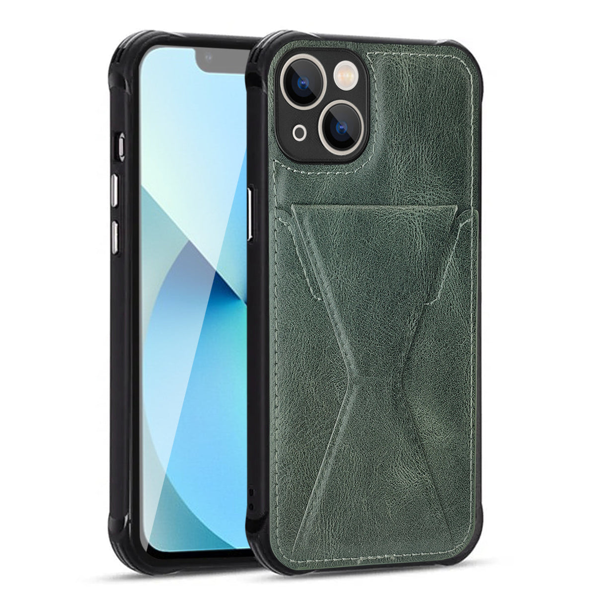 iPhone 13 Compatible TPU Leather Phone Case for Apple iPhone 13 with Card Holder Strap In Green - Heavy Duty Protection by