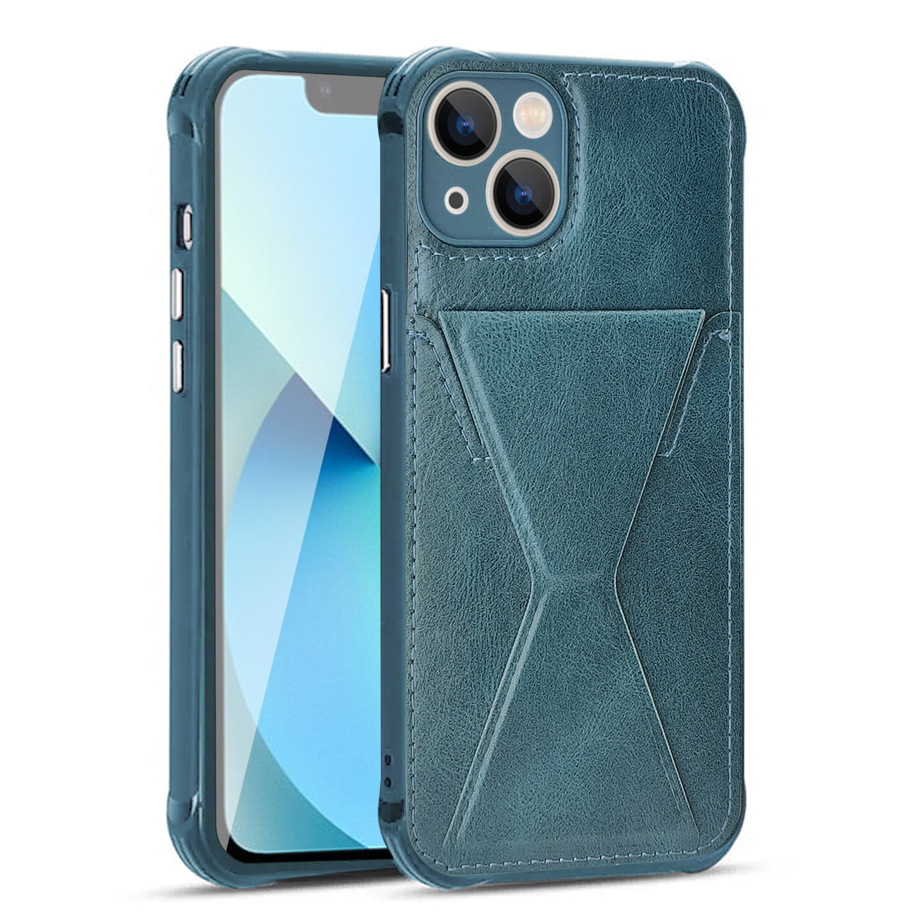 iPhone 13 Compatible TPU Leather Phone Case for Apple iPhone 13 with Card Holder Strap In Navy - Heavy Duty Protection by
