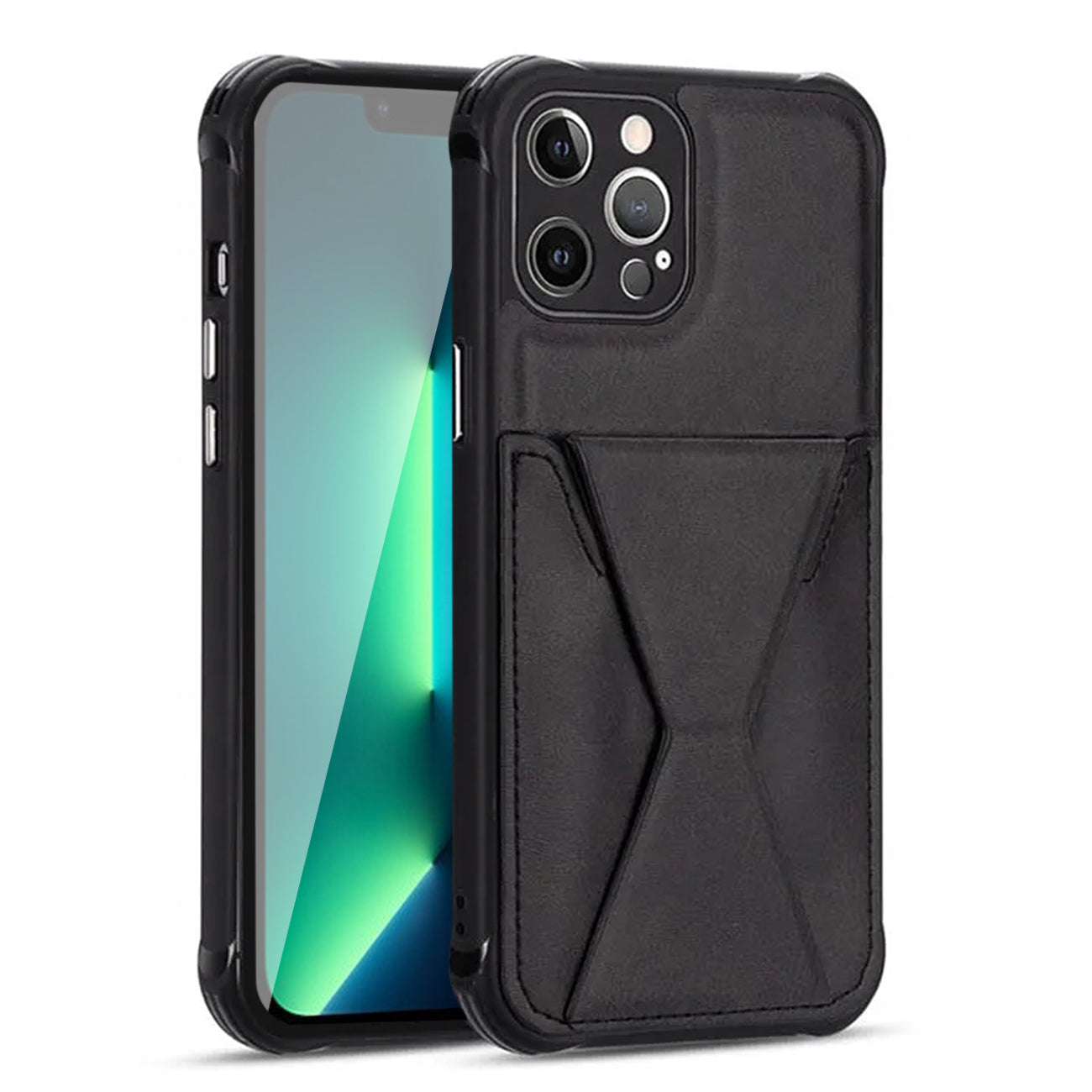 iPhone 13 PRO Compatible TPU Leather Phone Case for Apple iPhone 13 PRO with Card Holder Strap In Black - Shockproof Protection by