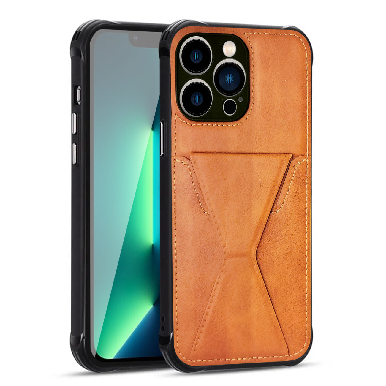 iPhone 13 PRO Compatible TPU Leather Phone Case for Apple iPhone 13 PRO with Card Holder Strap In Brown - Crystal Clear Protection by